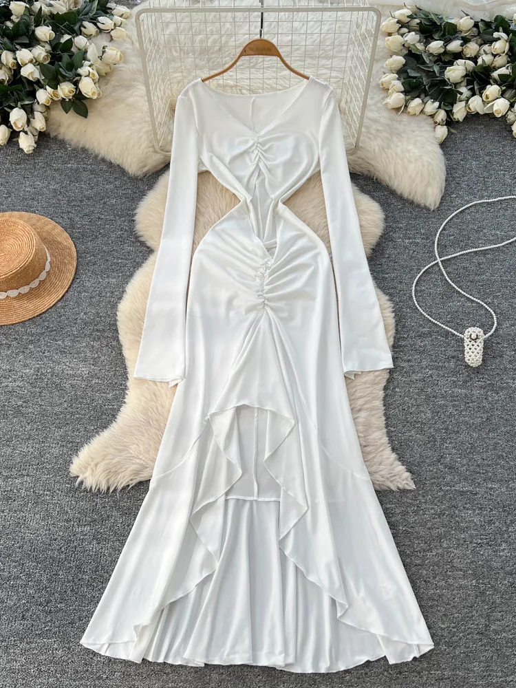 Foamlina-maxivestido Sexy recortado en la parte delantera, fruncido, Irregular, a la moda, blanco, con cuello en V, manga acampanada, espalda ajustada, vestido largo de fiesta en la playa