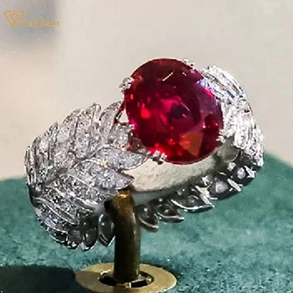 Wong Rain 925 Sterling Silver Oval Ruby Sapphire High Carbon Diamond Gemstone Engagement Jewelry Cocktail Party Ring for Women