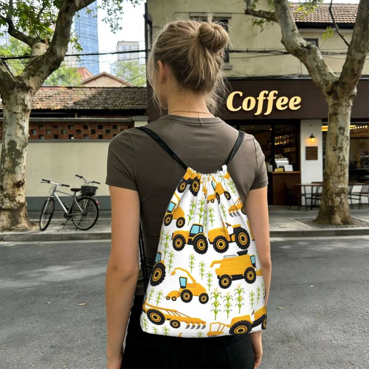 Cartoon Truck Car Tractor Excavator Pattern Backpacks Portable Drawstring Bundle Pocket Shoes Bag Book Bags for Travel Students