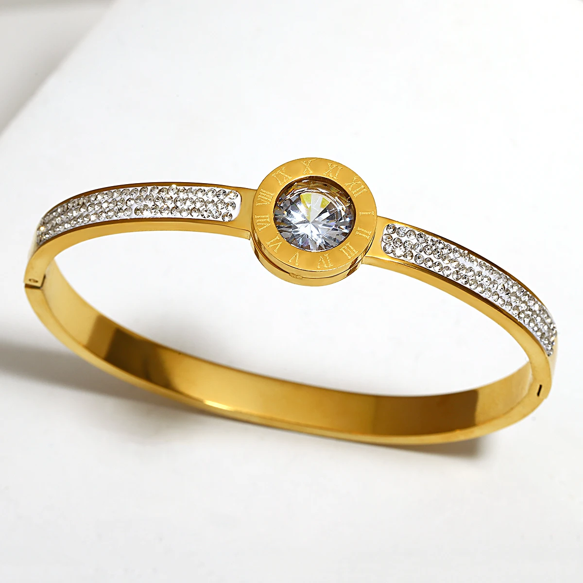 الفاخرة كامل حجر الراين الأرقام الرومانية تكويم الكفة الأساور الفولاذ المقاوم للصدأ الإسورة أساور للنساء مجوهرات مقاومة للماء #3