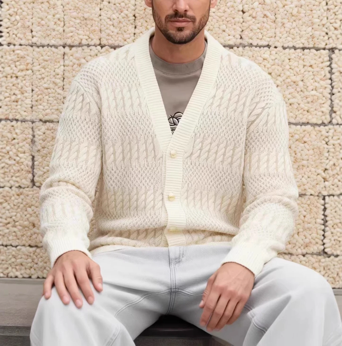 Men's V-neck Twisted Knitted Cardigan Loose Casual Single-breasted Sweater Jacket Autumn and Winter