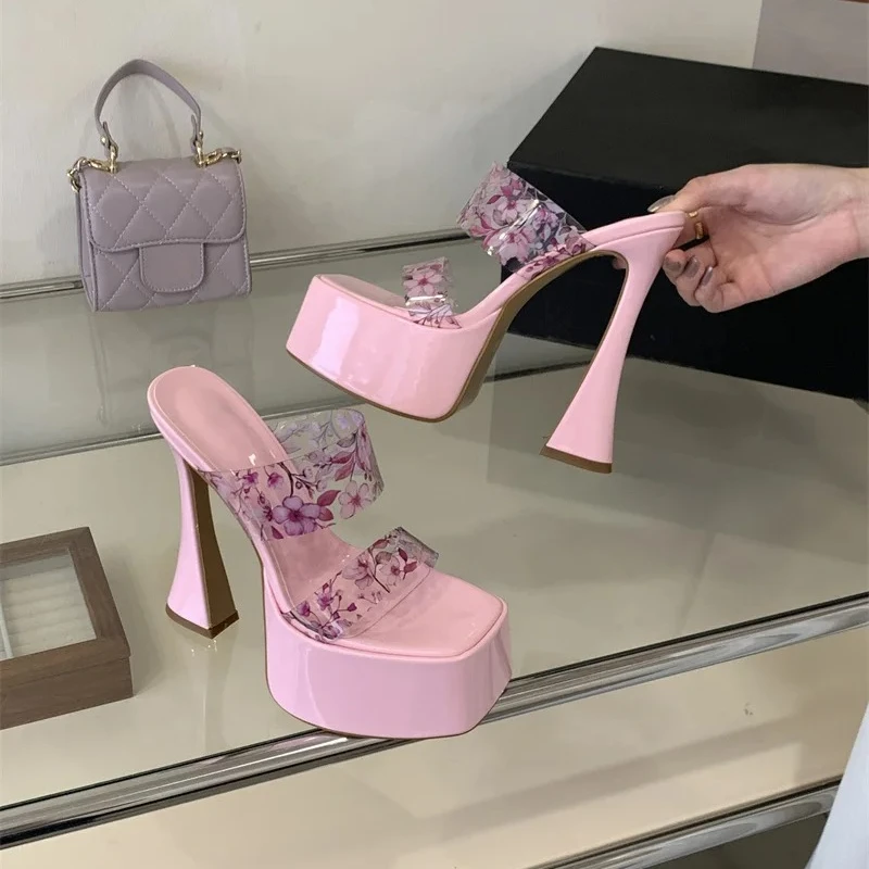 Women's Slippers 2026 New Pink Transparent Super High Heels Fashion Slippers Women Sandals Banquet Party Prom Shoes Pumps New