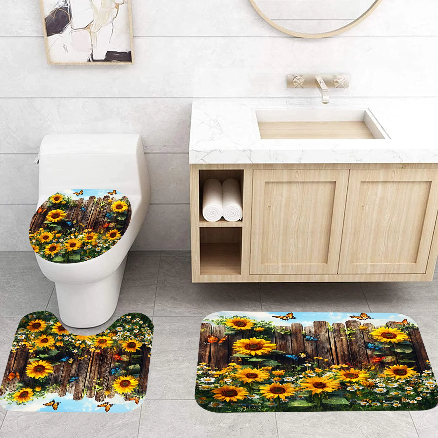 Floral Sunflower Bath Rug Mat Set for Bathroom Decor Garden Toilet Mat Waterproof Tropical Summer Home Accessories