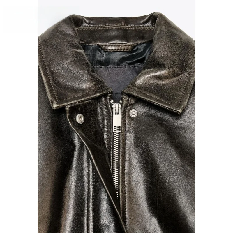 جديد 2025 الخريف دراجة نارية Sle طويلة Sve بولي Leather الجلود الطيار Jaet معطف الوقوف طوق سستة إغلاق عادية Faion المرأة...
