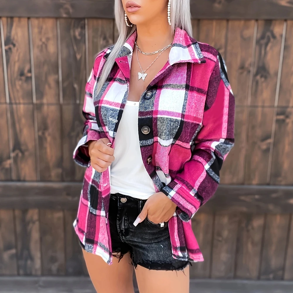 

Женская повседневная клетчатая рубашка с длинным рукавом, осенний уличный топ стандартного кроя с воротником для модной повседневной носки