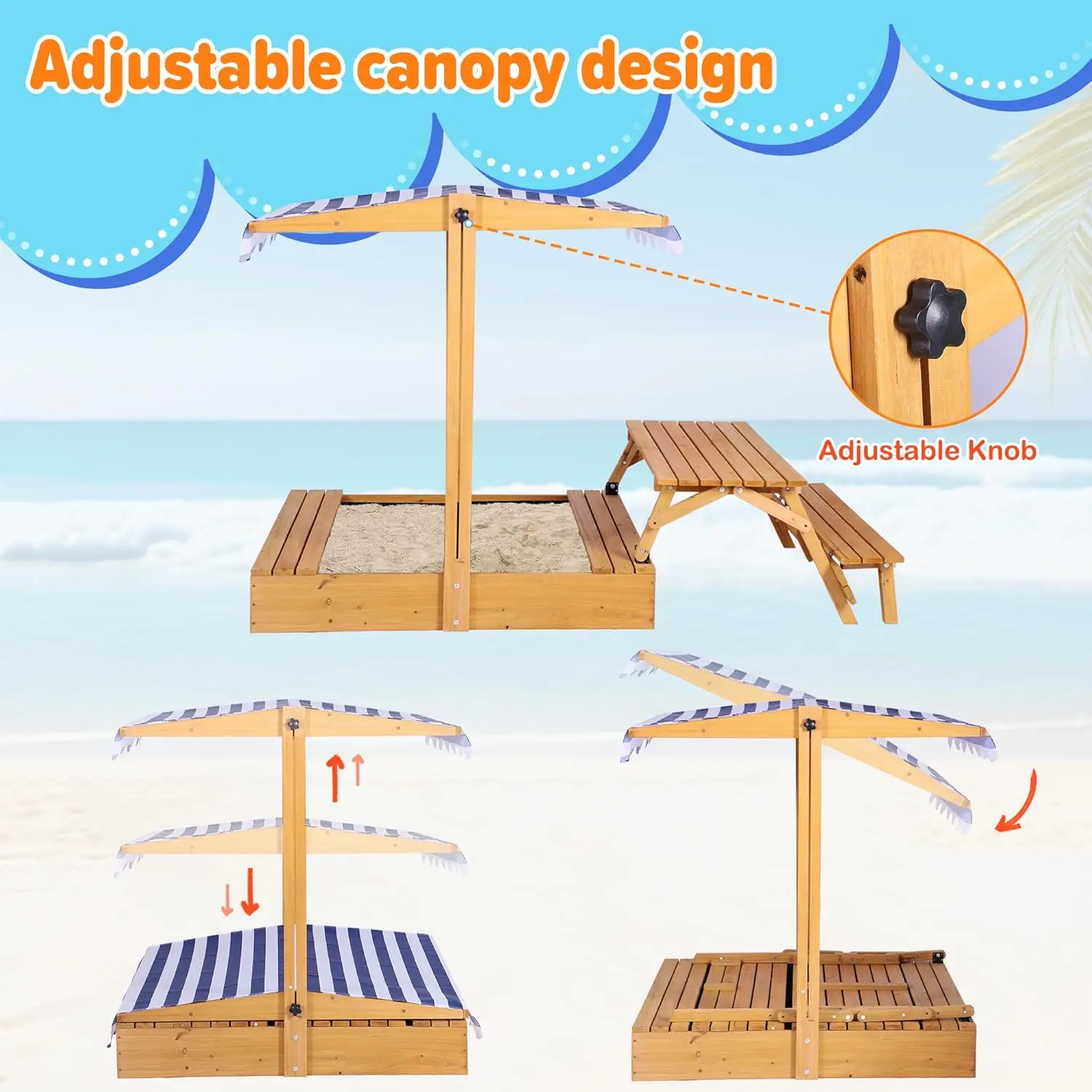Kids Sandbox with Lid, Outdoor Wooden Sand Boxes with Kids Picnic Table, Sandpit with Cover Canopy, Toddler Outdoor Playhouse wi