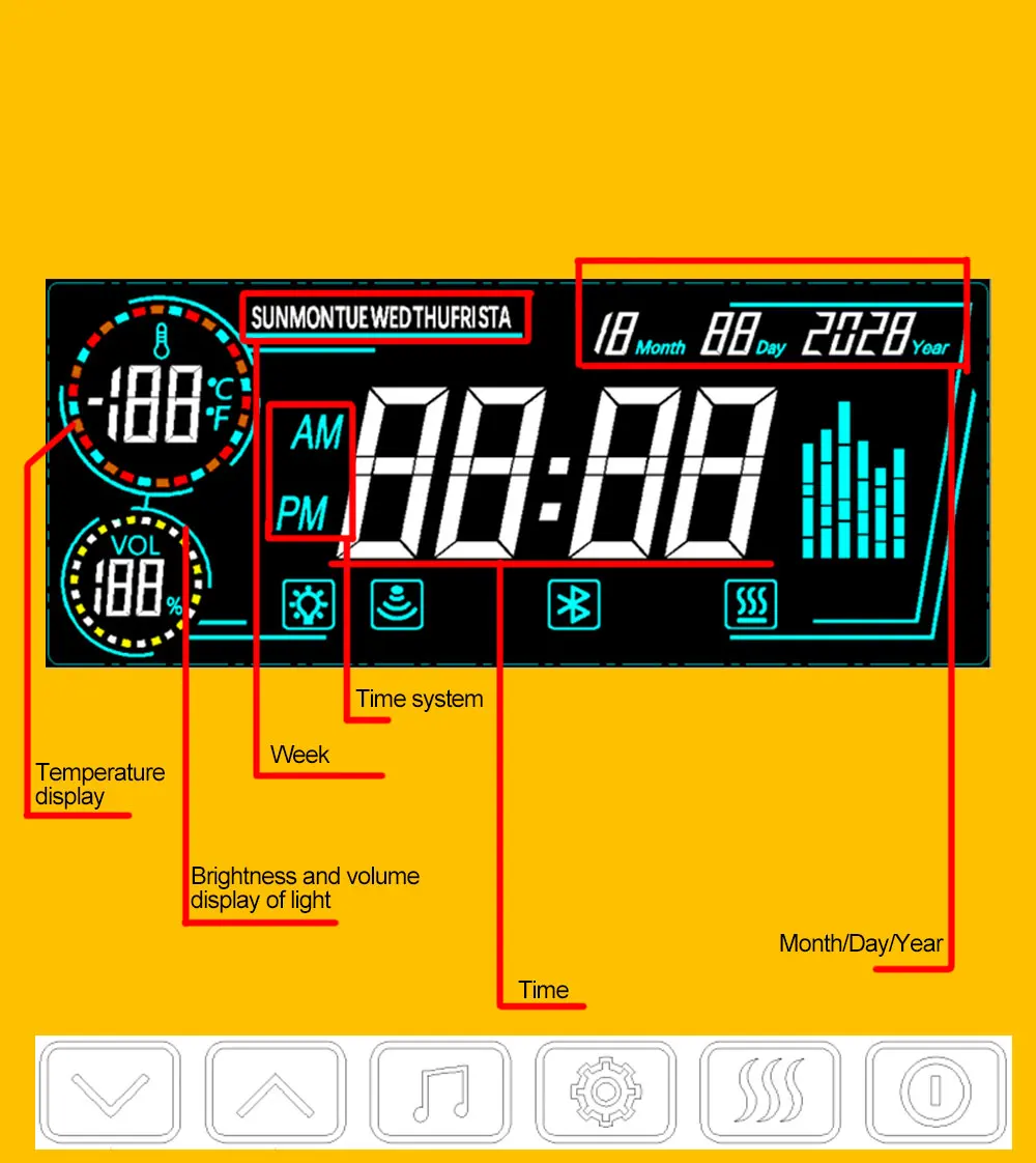 12V Multi-Function Options Six Keys Bluetooth Music Call Time Temperature Display HD Screen Touch Dimmer Switch for Mirror