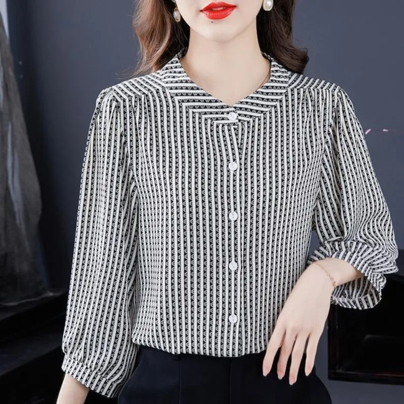 Round Neck Spring Autumn Lantern Long Sleeve Pullover Plaid Button Women\'s Clothing Contrast Color Shirt Flattering Elegant Tops