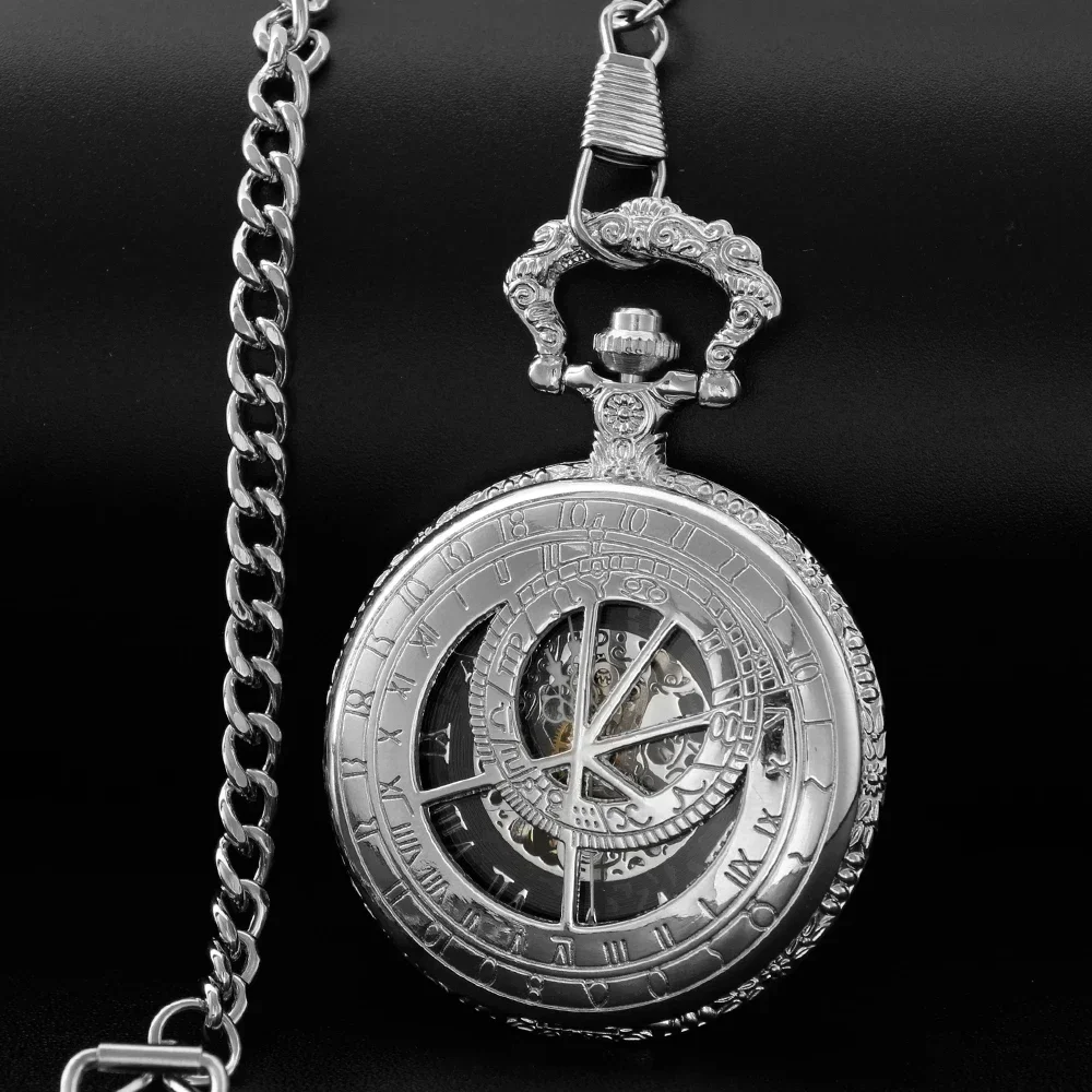 Luxury Gentlemen Silver Mechanical Pocket Watch Hand Winding Roman Numerals Display Pendant Fob Clock Retro Souvenir Gifts Male