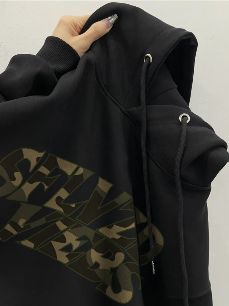 

Thiened Fce Hoodie High Street Sle ex Jaet Retro American Vintage Sweatirt Autumn Winter Casual Outerwear