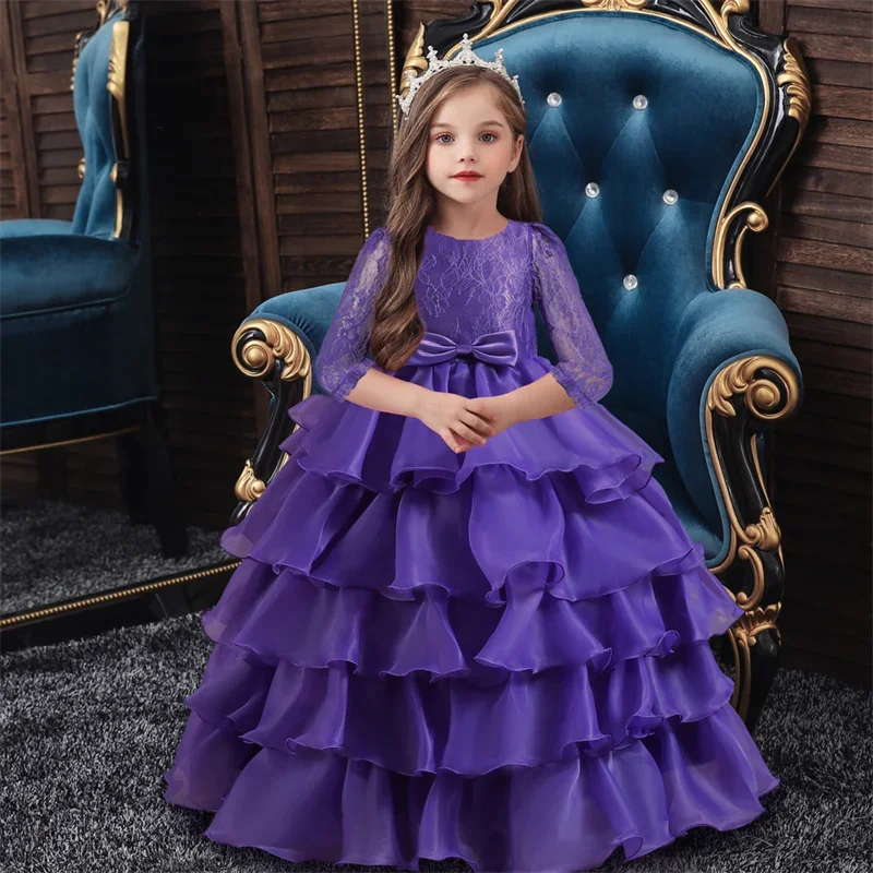 

Flower Girl Wedding Party Long Dress Elegant Lace Bow Girl Birthday Party Communion Long Sleeve Dress Graduation Dance Dress