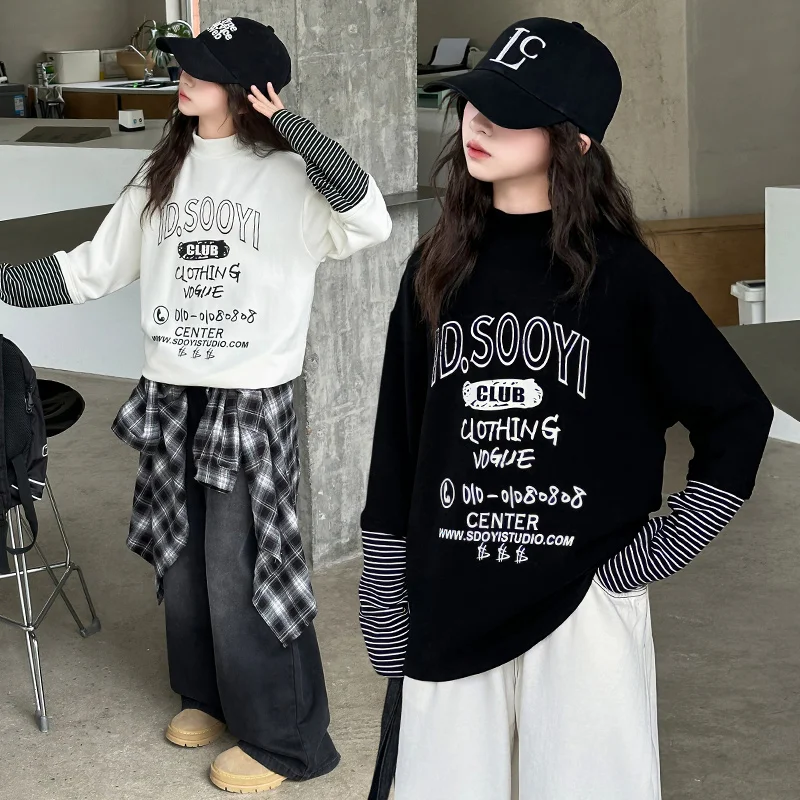 5-14y Girls T shirt for Kids School Girl clothes Winter Long Tees Tops Versatile Warm Sweatshirt for Children's clothing Hiphop