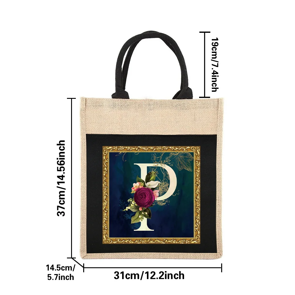 Black Shopping Bag Flower Letter Series Printed Pattern Environmentally Friendly Linen Shoulder Bags Jute Imitation Linen Bag