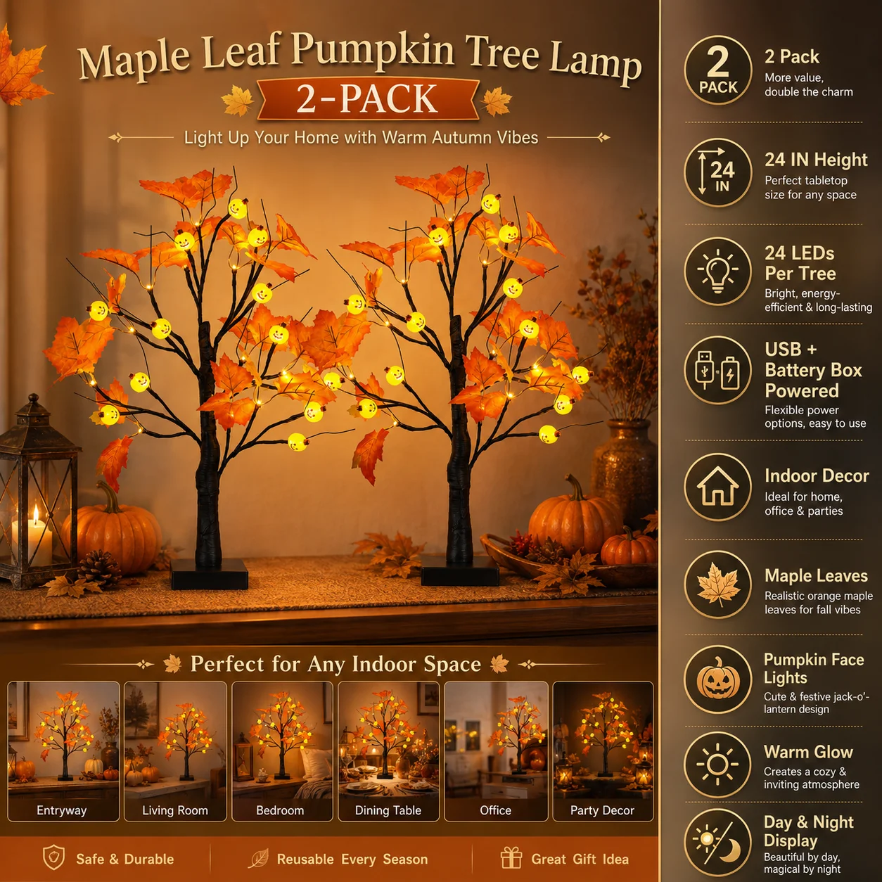 Lighted Pumpkin Tree, 24IN Halloween Tabletop Decor with Maple Leaves 24 LED Pumpkin Lights, Orange Maple Leaves, USB & Battery Powered, 24IN Tabletop Tree for Halloween, Fall Home Decor.