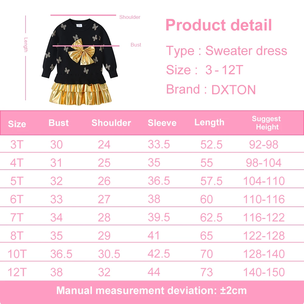 DXTON Girls Knitting Sweater Dress Winter Children Warm Clothes Butterfly Bow Patchwork Princess Dresses Thick Kid Knitted Dress
