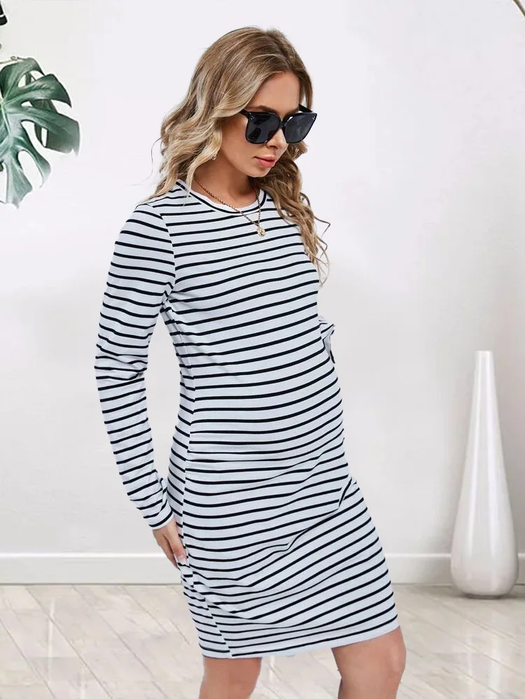 

Striped Maternity Breastfeeding Dresses Pregnancy Clothes Women Pregnant Nursing Lactation Dress 2022 Autumn New