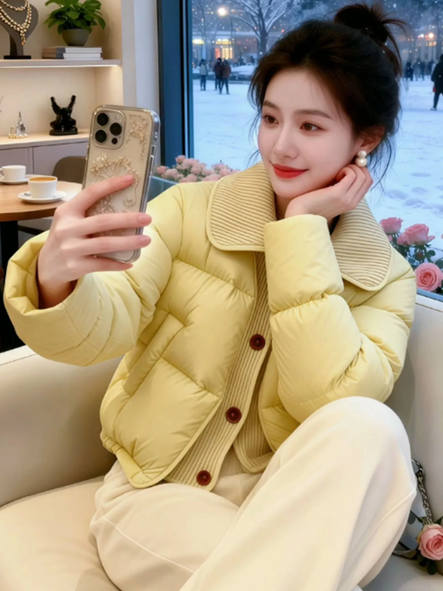 

Pumpkin Yellow Puffer Jaet Women's Thiened ort Sle Turtle Ba Design Winter Outerwear Warm Fluffy Korean Sle Coat