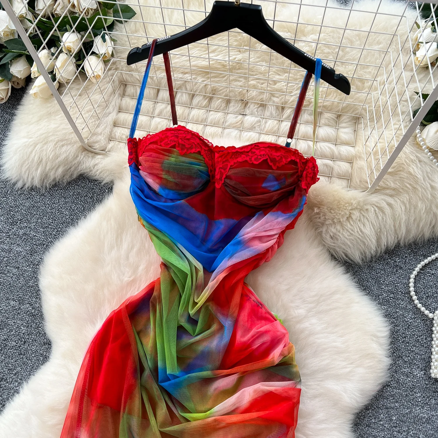 Clothland Women Sexy Print Mesh Cami Dress Adjustable Straps Sleeveless Backless Sheath Slim Fit One Piece Long Dresses QE126