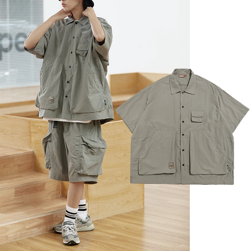 

Loose Fit Summer ort Sve irt Men's Retro Japanese Sle y Pure Color Multi ket Workwear Casual Functional irt