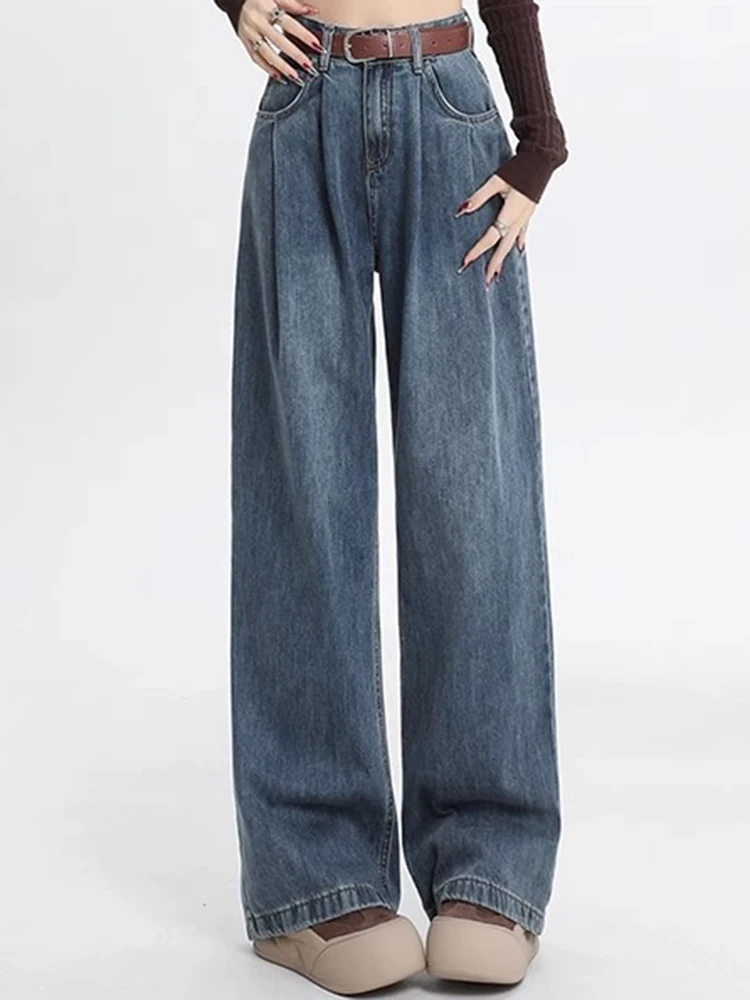 Woman High Waist Straight Leg Jeans Lady Loose Denim Wide Leg Pants Girls Korean Khaki Retro Blue Light Blue Gray White Trousers