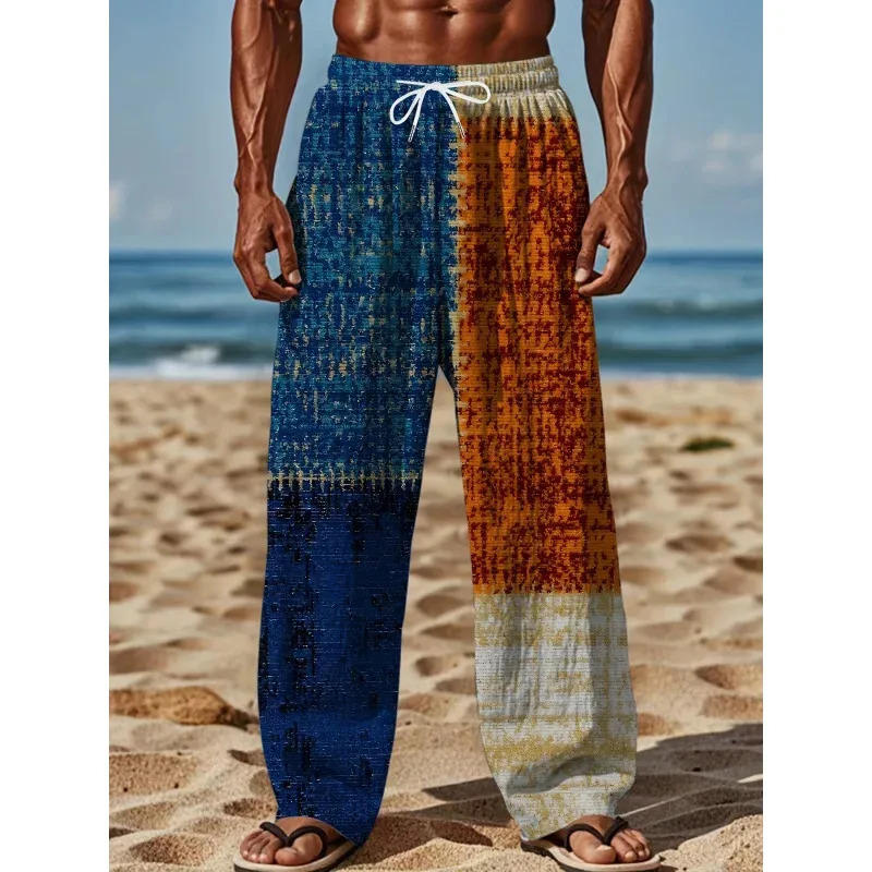 Men'S Spring And Fall Fashion Casual Pants  Geometric Print Straight Leg Pants With Drawstring Casual Retro Loose Fit Trousers