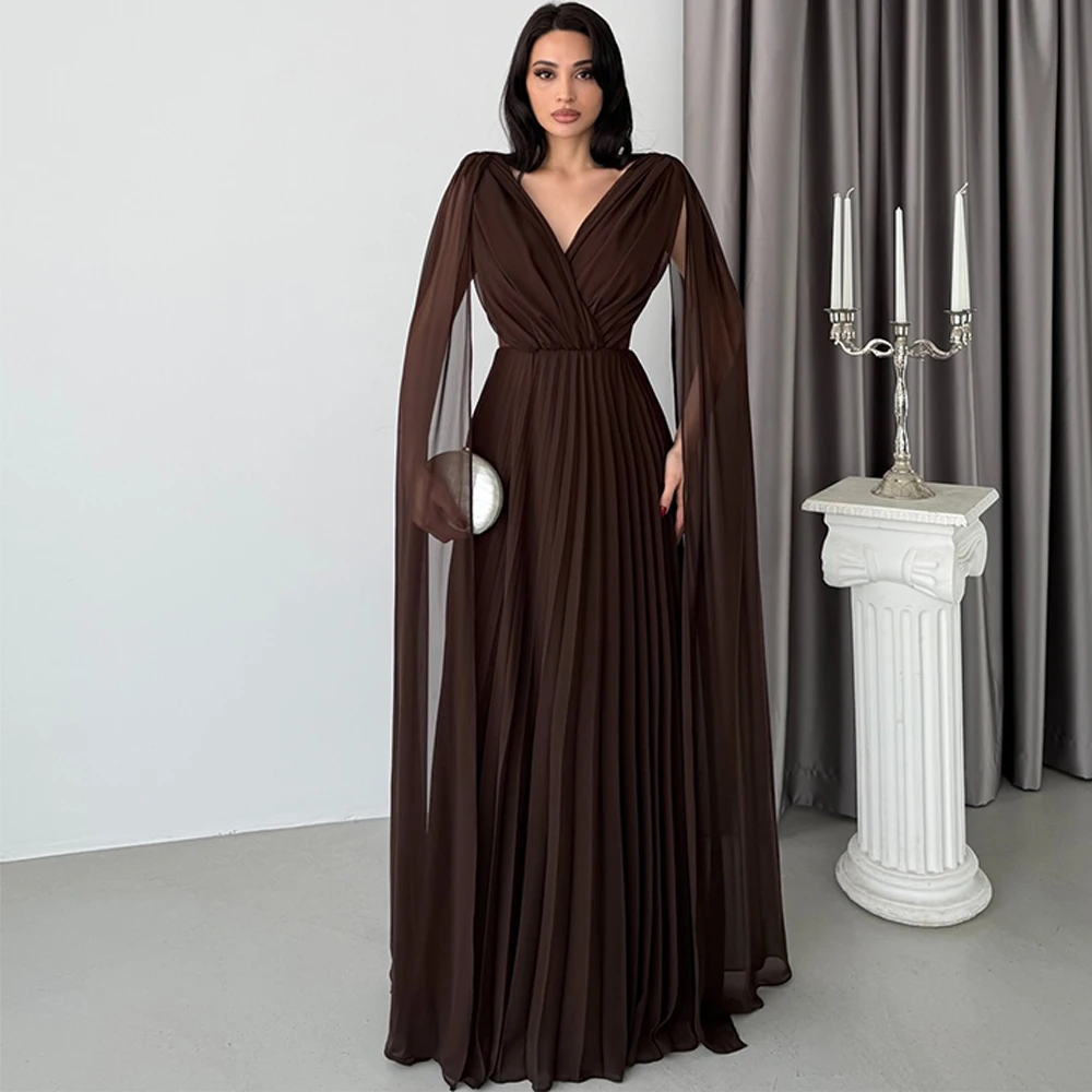 

Formal Chiffon Evening Dress Elegant V-Neck Backless Customized Party Dresses Delicate Long Sleeves Special Occasion Gowns