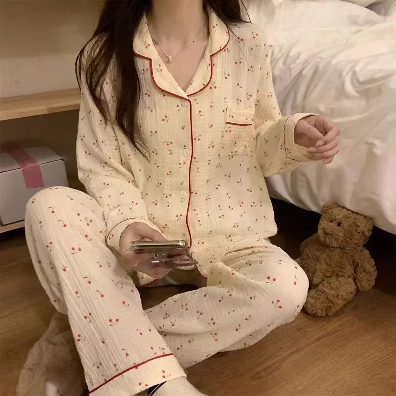 Ladies New Lapel Cardigan Girls Home Comfort Set Country Style Crinkle Fabric Cherry Cute Long Sleeve Pajamas Loungewear Women