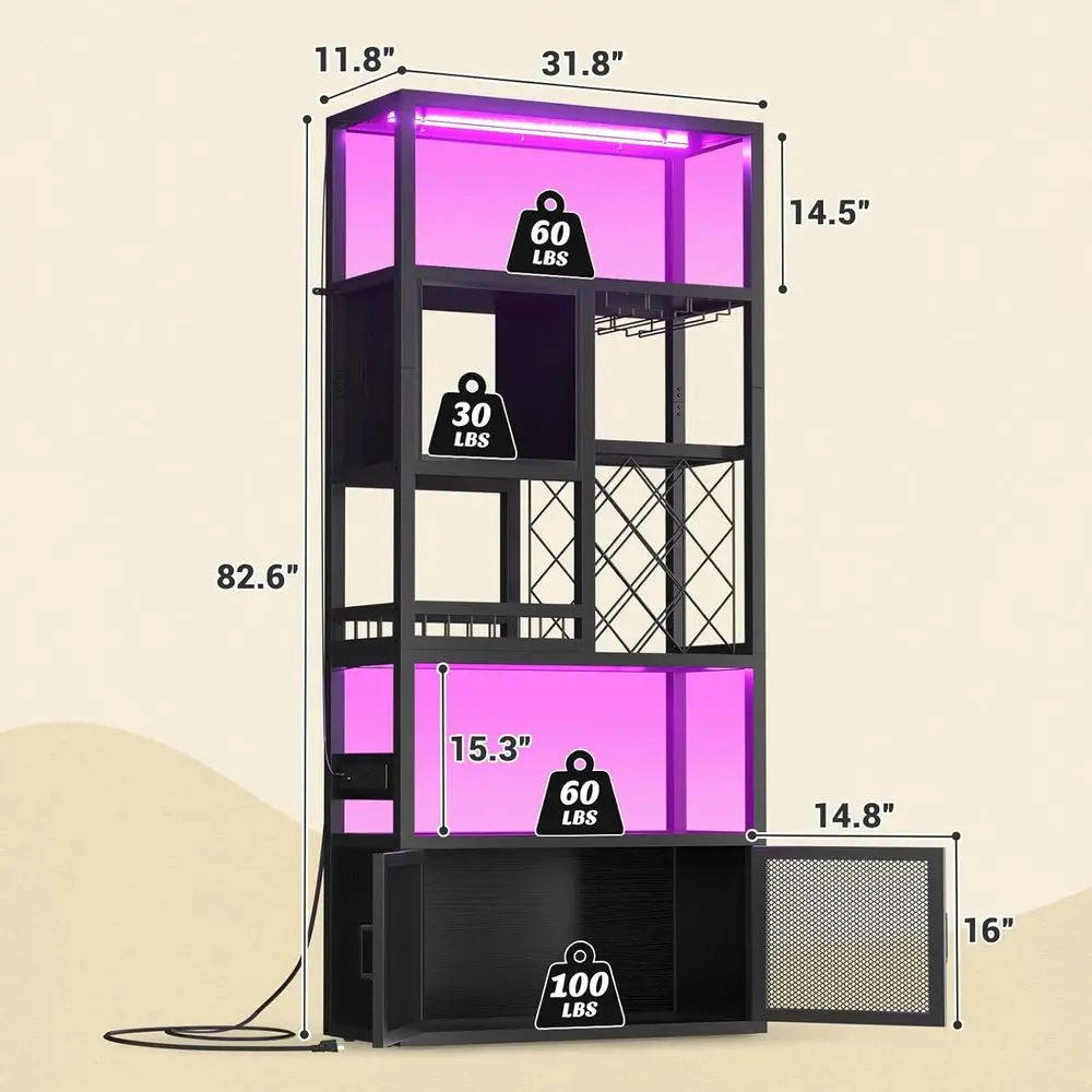 82.6" Tall Bar Cabinet with Power Outlets & LED Lights, Liquor Cabinet Bar or Home, Reversible Coee Station Wine Cabinet with Gl - view 3