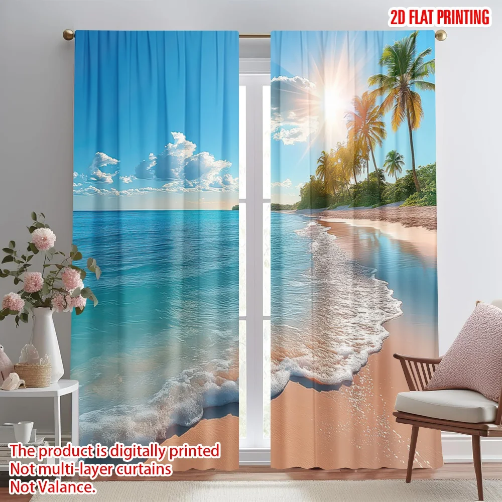 

2D flat printing 2pcs Party Curtains Sunny Tropical Beach Digital Printed Polyester Drapes Seasonal Party & Holiday Decor for