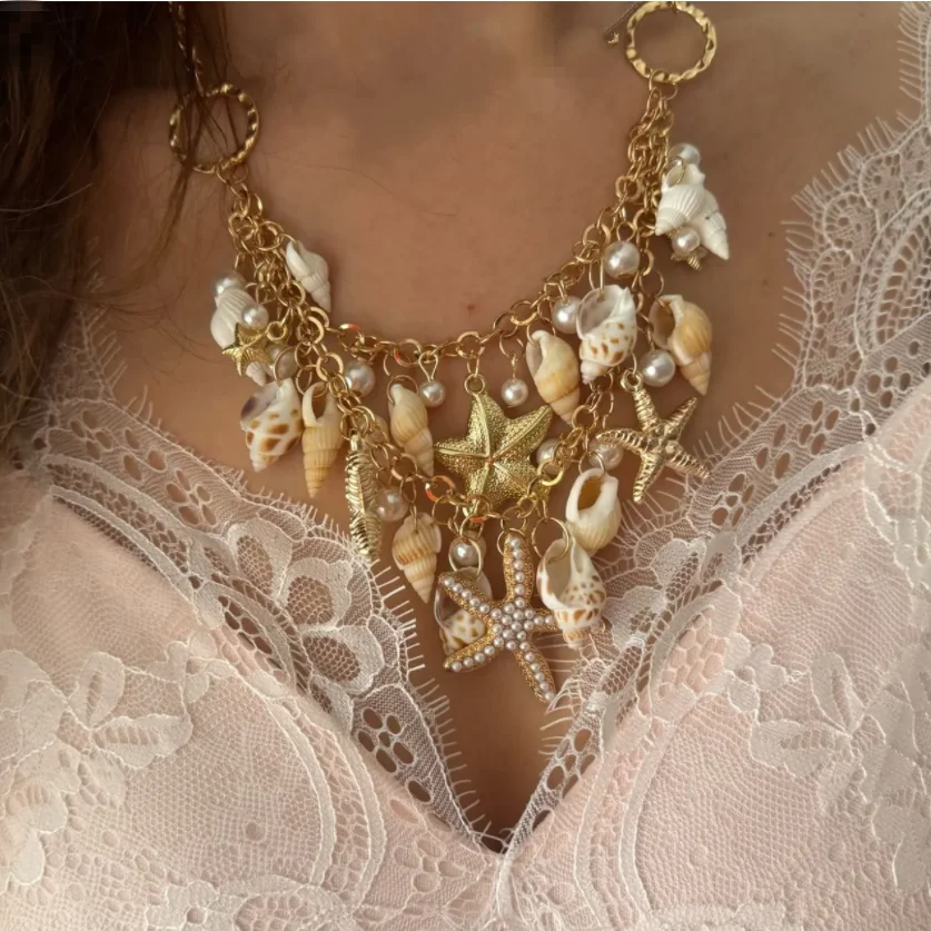 Aihua Böhmen Gold Farbe Imitation Perle Muschel Shell Seestern Halskette für Frauen Halsband Halskette Kragen Sommer Strand Schmuck – Detail 2