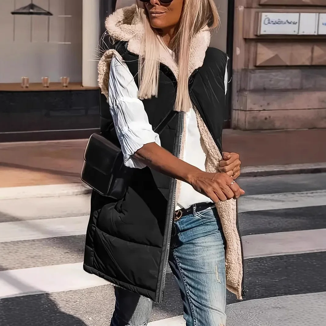 Pure Color Hooded Cotton Vest Reversible Cardigan Outerwear Tops for Women Spring Summer