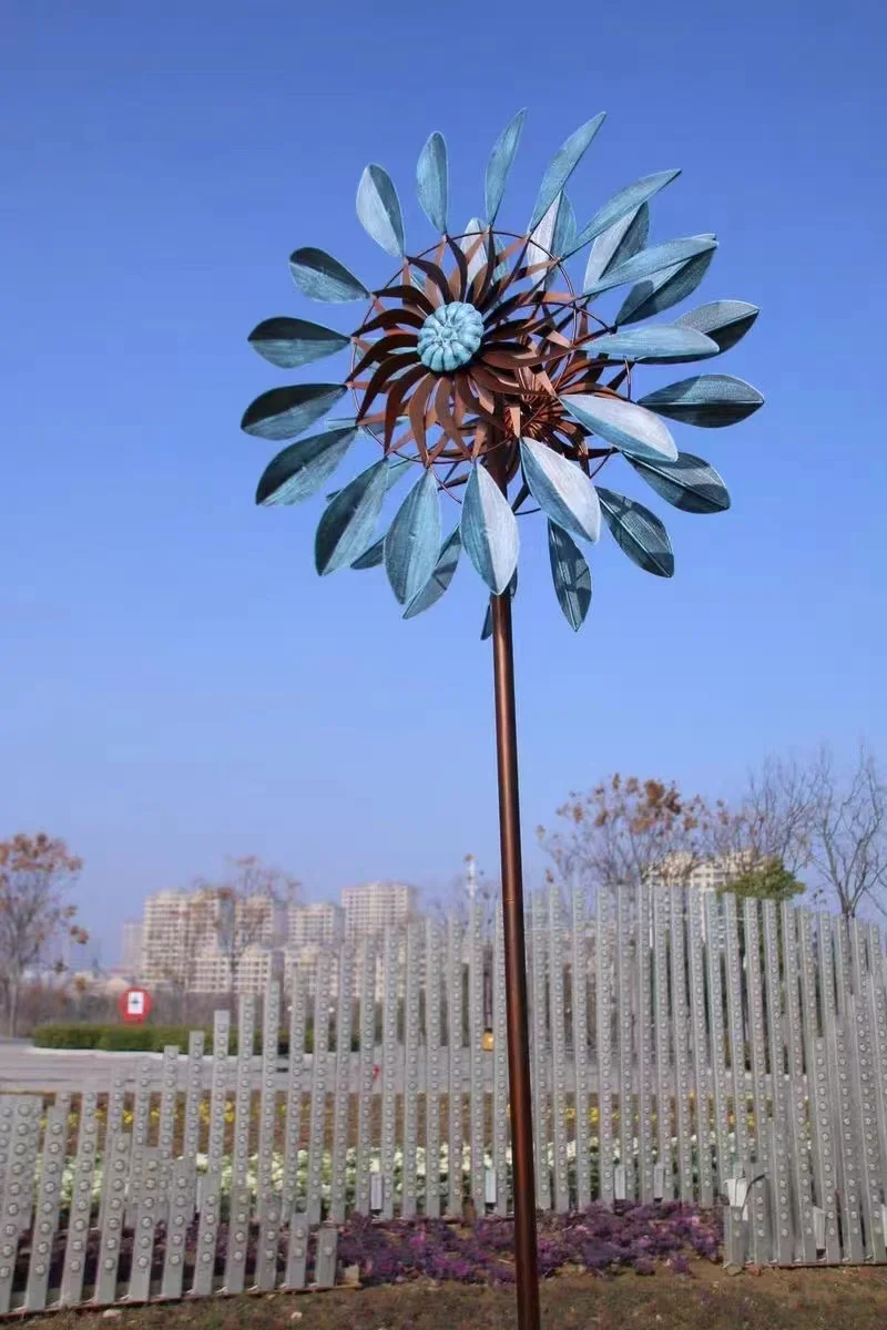 Metal Iron Blue Leaf Windmill Double-Sided Rotating Ornaments Yard Outdoor Garden Decoration Fashion Watches