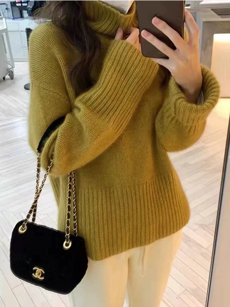 2024 Autumn/Winter New 100% Cashmere Wool Turtleneck Sweater Women\'s High Neck Knit Pullover Soft Comfortable Top Loose Jumper