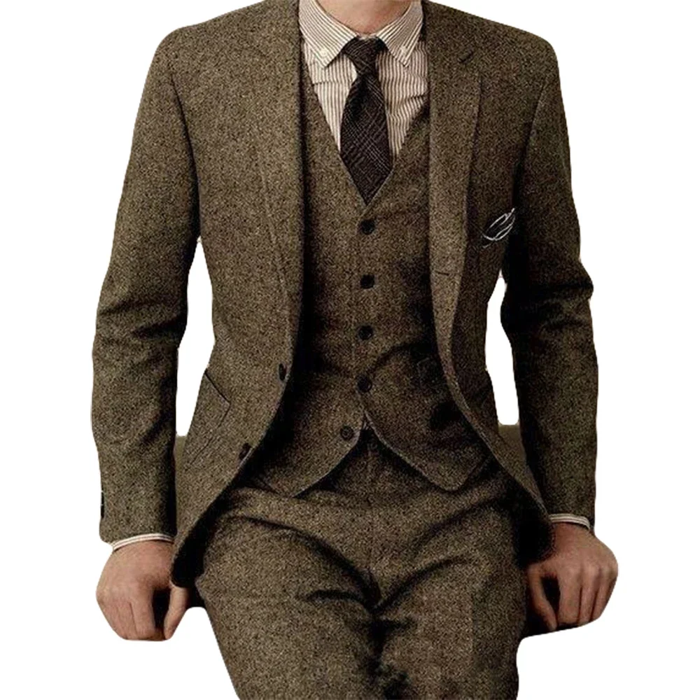 Brown Tweed Suits for Men Slim Fit Wedding Tuxedo for Groom 3 Piece Custom Formal Business Wool Male Suit 2024 Latest Design