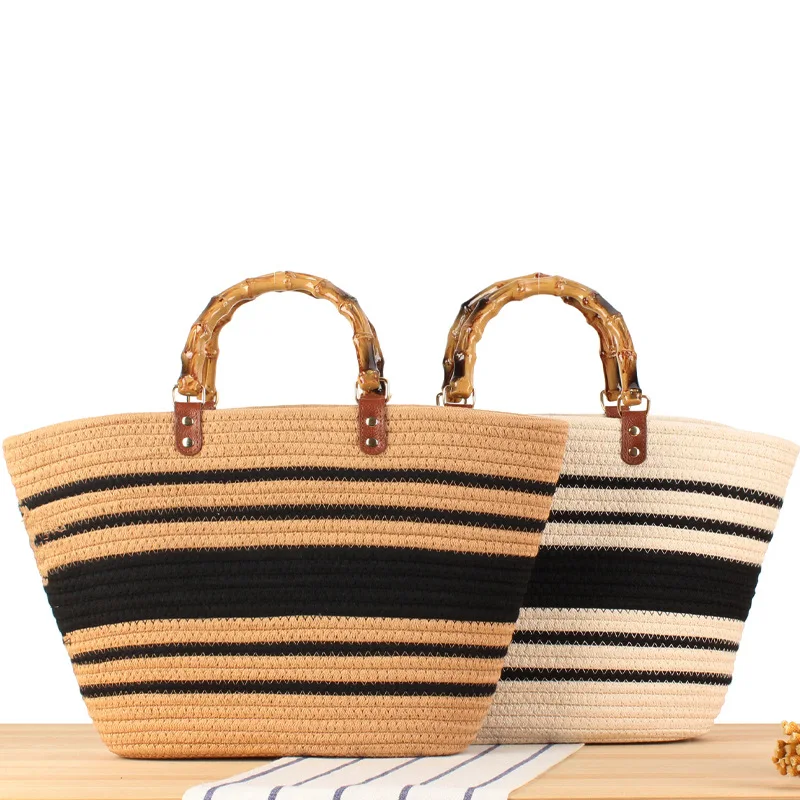 

Vegetable basket, large-capacity striped imitation bamboo knob bag, fashionable casual tote bag, cotton rope weaving