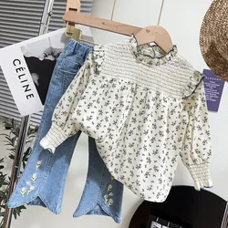 Children Girls 2023 Autumn New  Baby Girl Floral Long-sleeved Tops Shirts + Jeans Pants Two-piece Clothes Suit