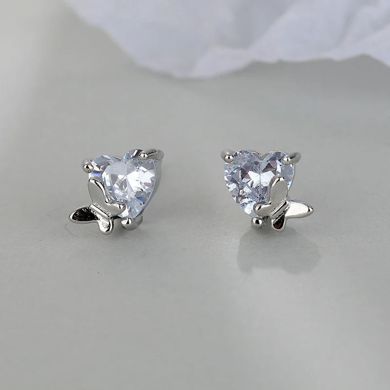 ENSHIR Smooth Heart Butterfly Zircon Stud Earrings For Women Korean Sweet New Trend Luxury Design Jewelry Gift Wholesale