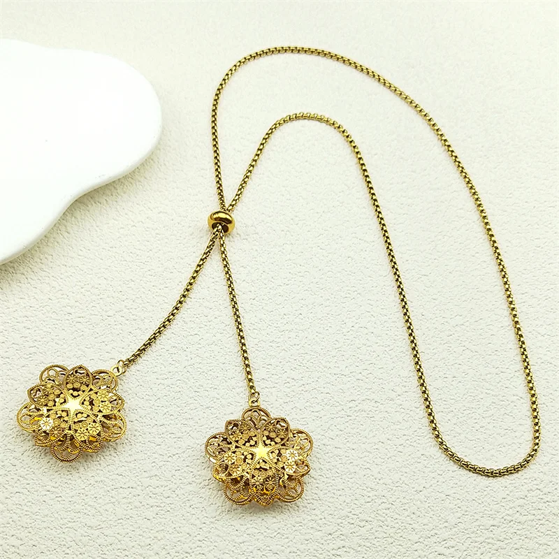 

Fashion Hollow Flower Stainless Steel Adjustable Long Chain Necklace for Women Girls Gold Color Double Pendants Jewelry Gift