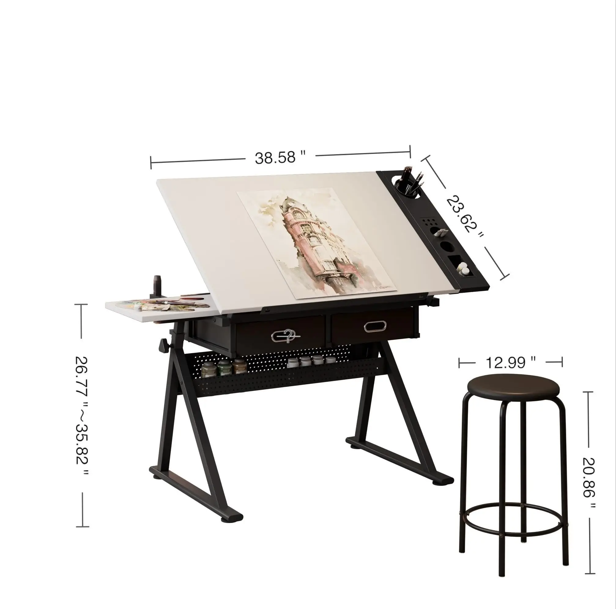 Adjustable Drafting Table with Stool, 0-75° ing Ding Desk with 2 Fabric Ders, Side Storage Rack, Height Adjustable
