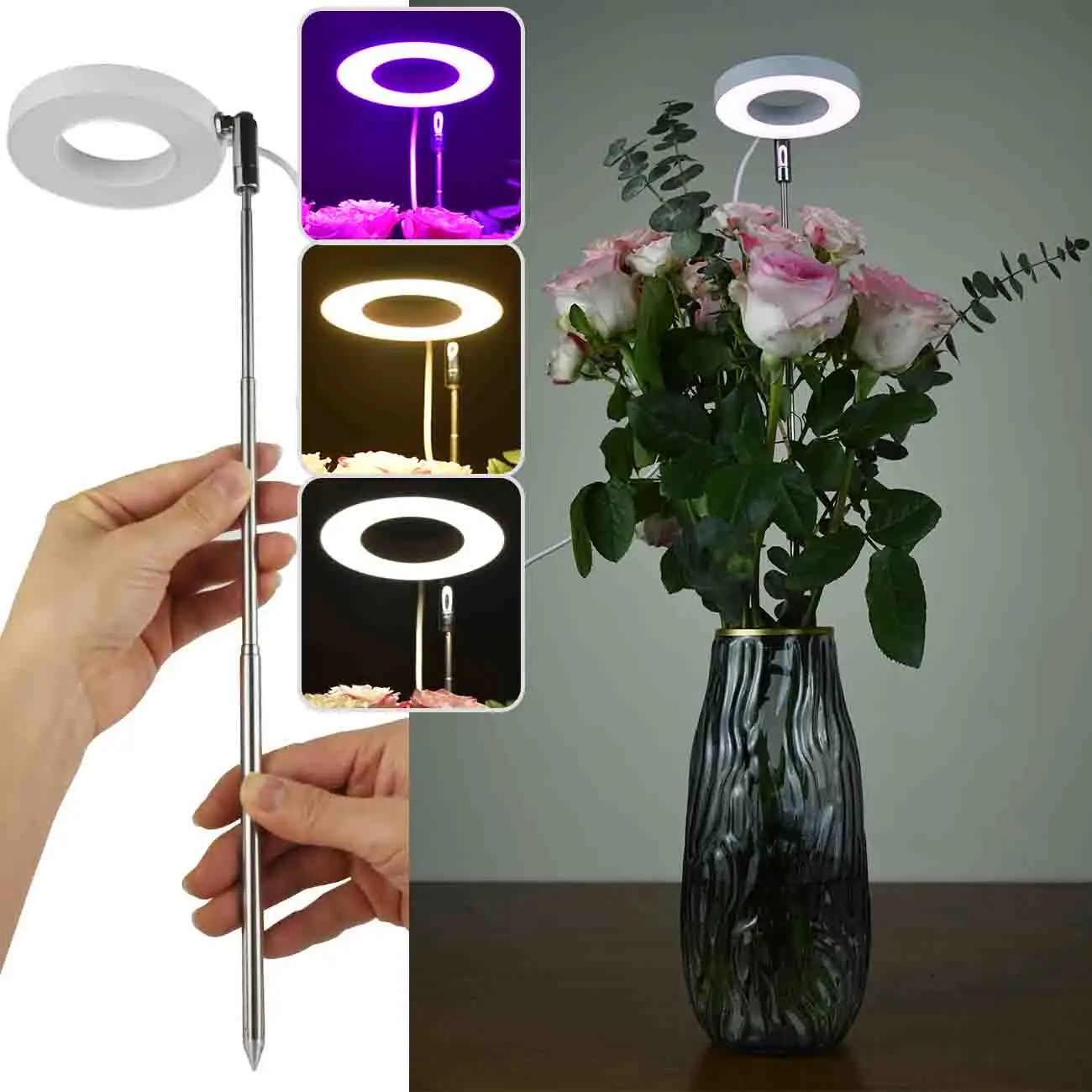 USB عكس الضوء 3 طرق الطيف الكامل تنمو ضوء للنباتات الداخلية الموقت ارتفاع قابل للتعديل الأبيض الدافئ الأحمر والأزرق هالة النبات تنمو مصباح #1