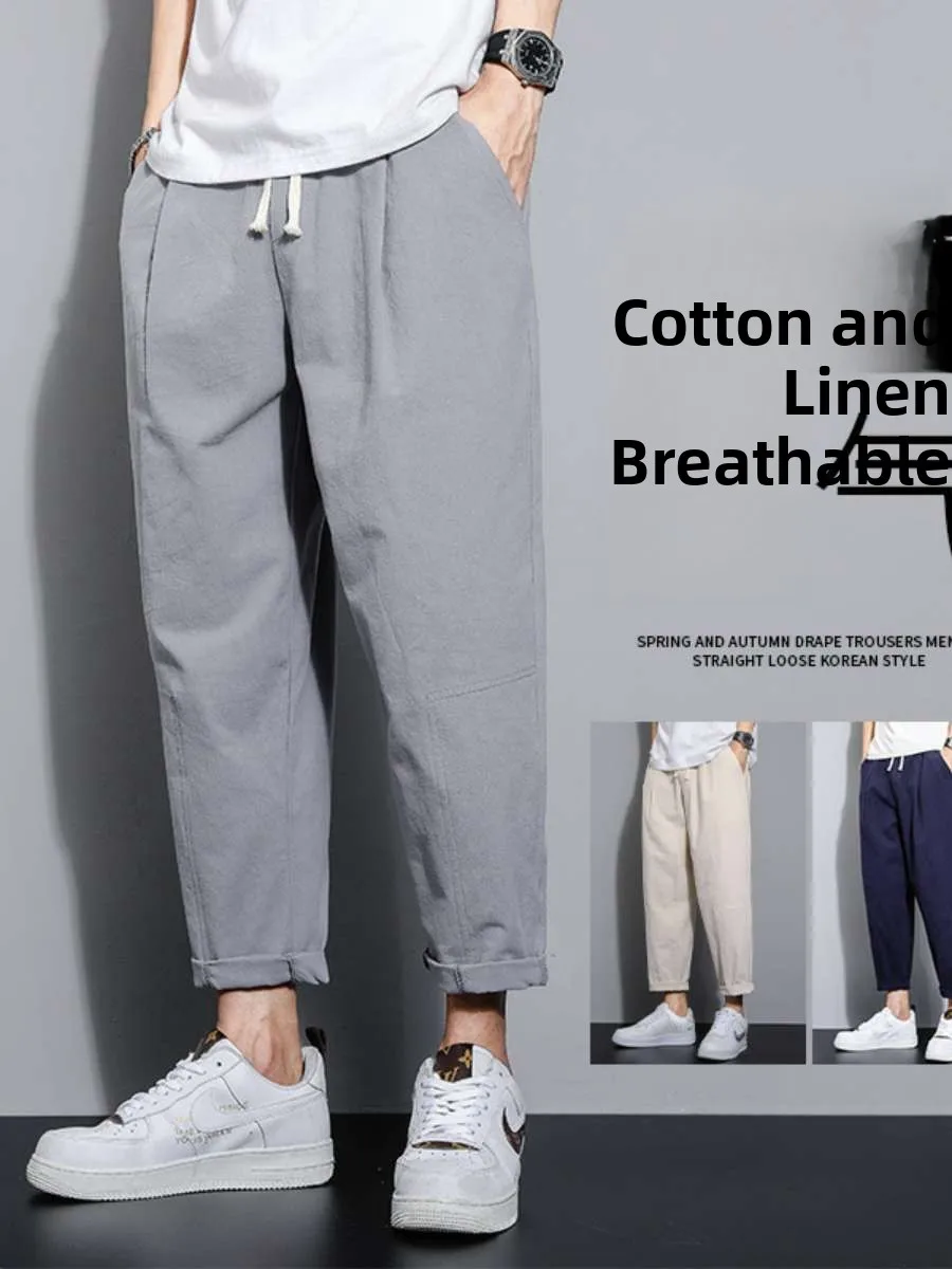 

New Men's Casual Cotton Linen Thin Nine Points Pants Loose Straight Leg Summer Leisure Trousers Comfortable Breathable