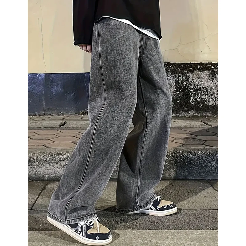 Men Youth Popular Korean Solid Color Jeans Male Stylish Streetwear Denim Trousers Daily Commute Versatile Straight Leg Pants