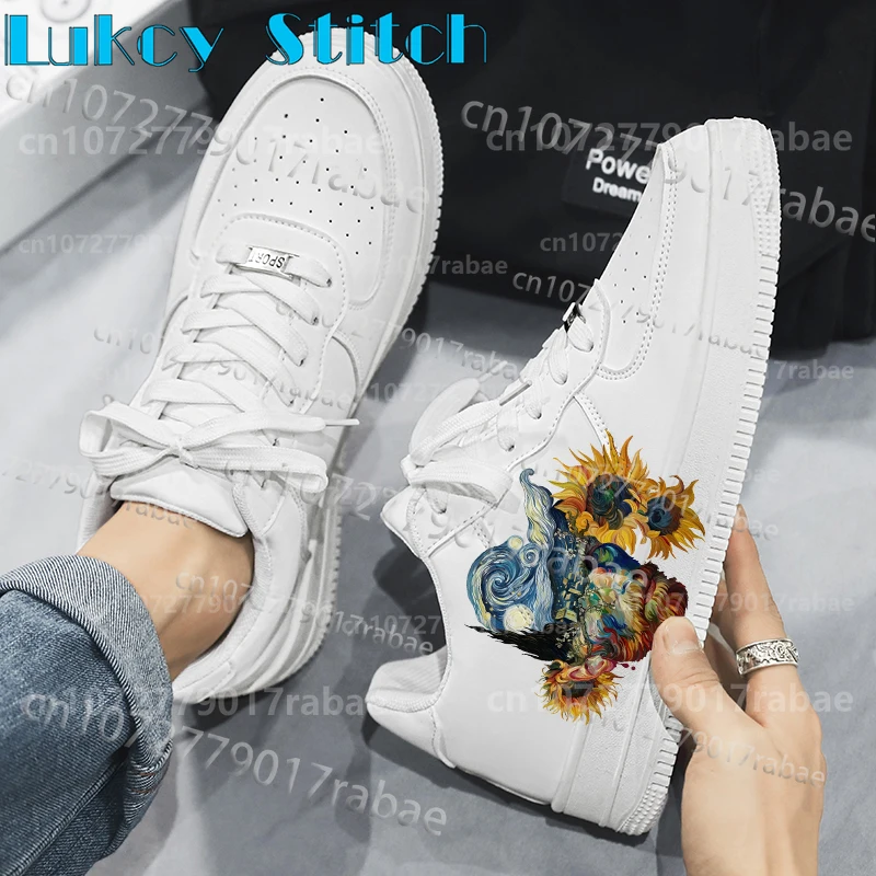 

Ван Гог, рождественские белые туфли унисекс для взрослых, кроссовки с принтом, мужские и женские белые кожаные туфли на шнуровке, подарок