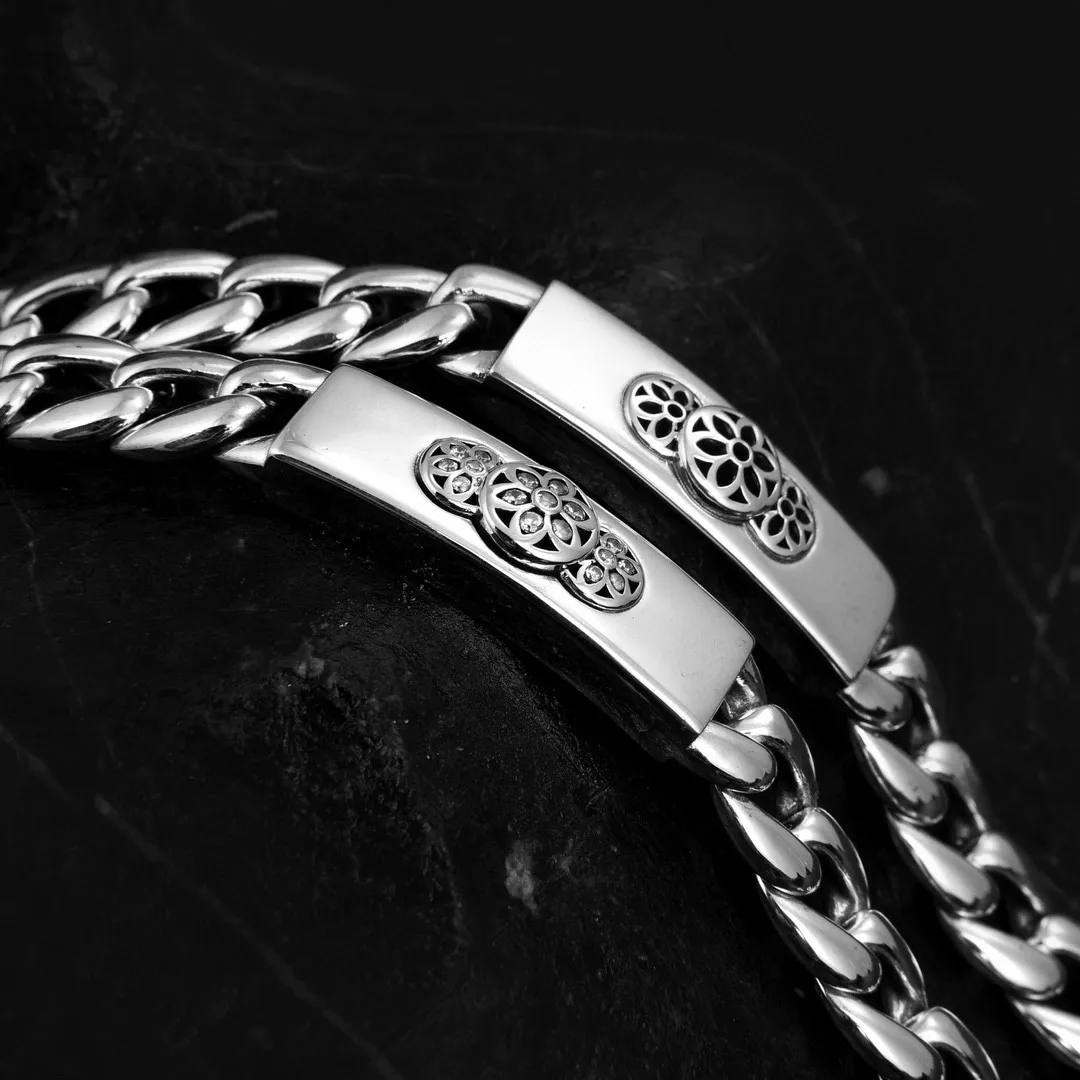 Men's trendy stylish handmade silver bracelet thick and domineering fashionretro sterling silver s925 cherry blossom bracelet