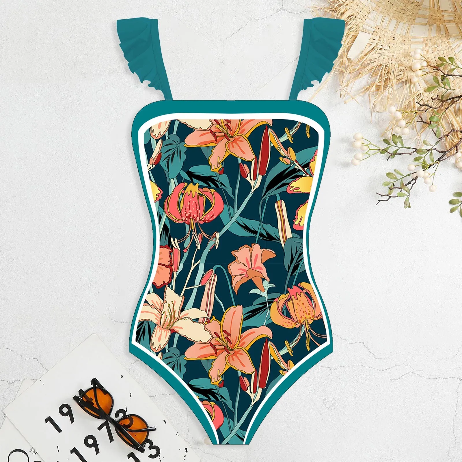 Damskie 1 częściowe stroje kąpielowe + 1 sztuka pokrowiec dwuczęściowy nadruk w stylu Vintage strój kąpielowy Bikini Monokini 2 częściowe stroje