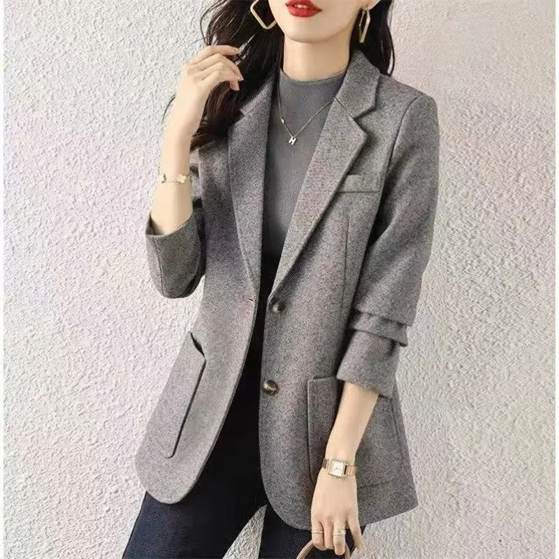 UNXX Spring Autumn British Style Herringbone Pattern Long Sleeves Blazer Suit Coat Retro Casual Loose Solid Woolen Blazers Coats