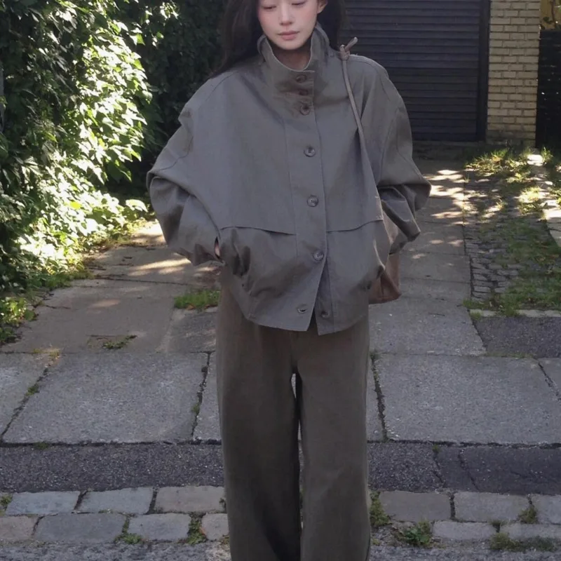 Korean Style Women Trench Coat, Autumn 2026 Stand Collar Single, Breasted Jacket Vintage Grey Mid, Length Casual Outerwear Gift