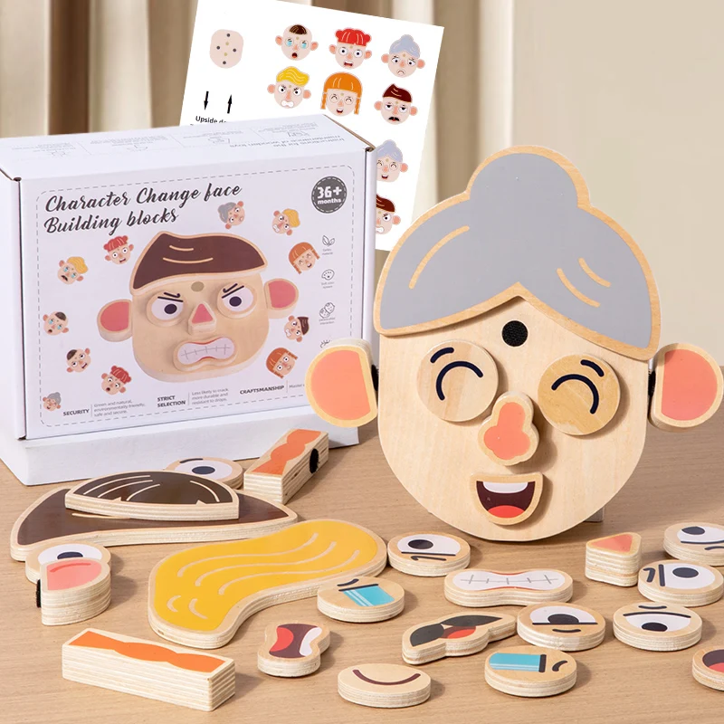Zabawka-puzzle 3D zmieniająca wygląd postaci Montessori, rozwija inteligencję, drewniane klocki zmieniające wygląd postaci i zwierząt, wyzwanie.