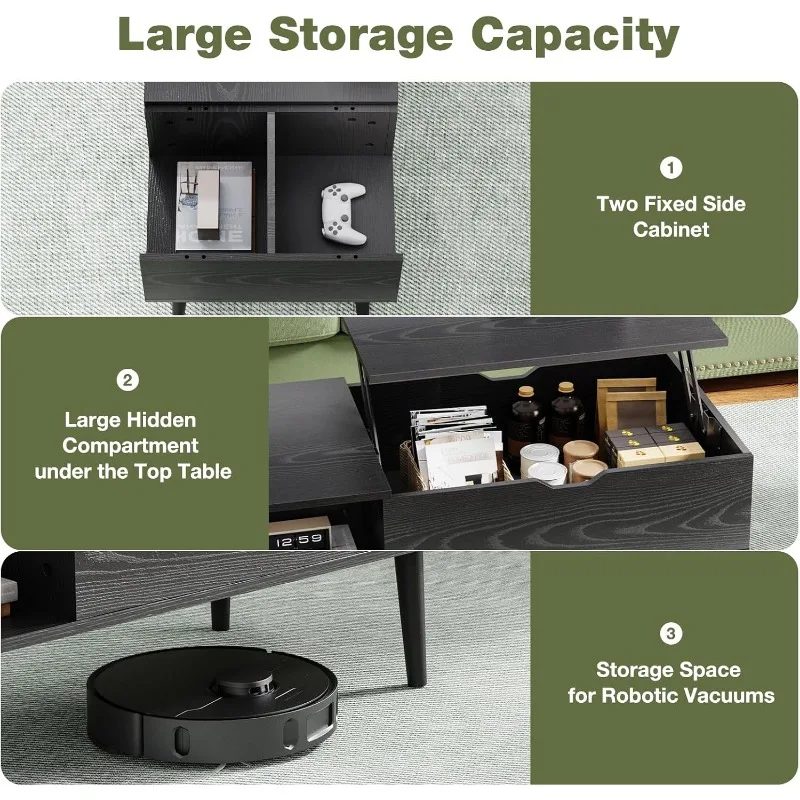 Wood Lift Top Coffee Table with Hidden Compartment and Large Storage Shelf, Lift Tabletop Dining Center Table