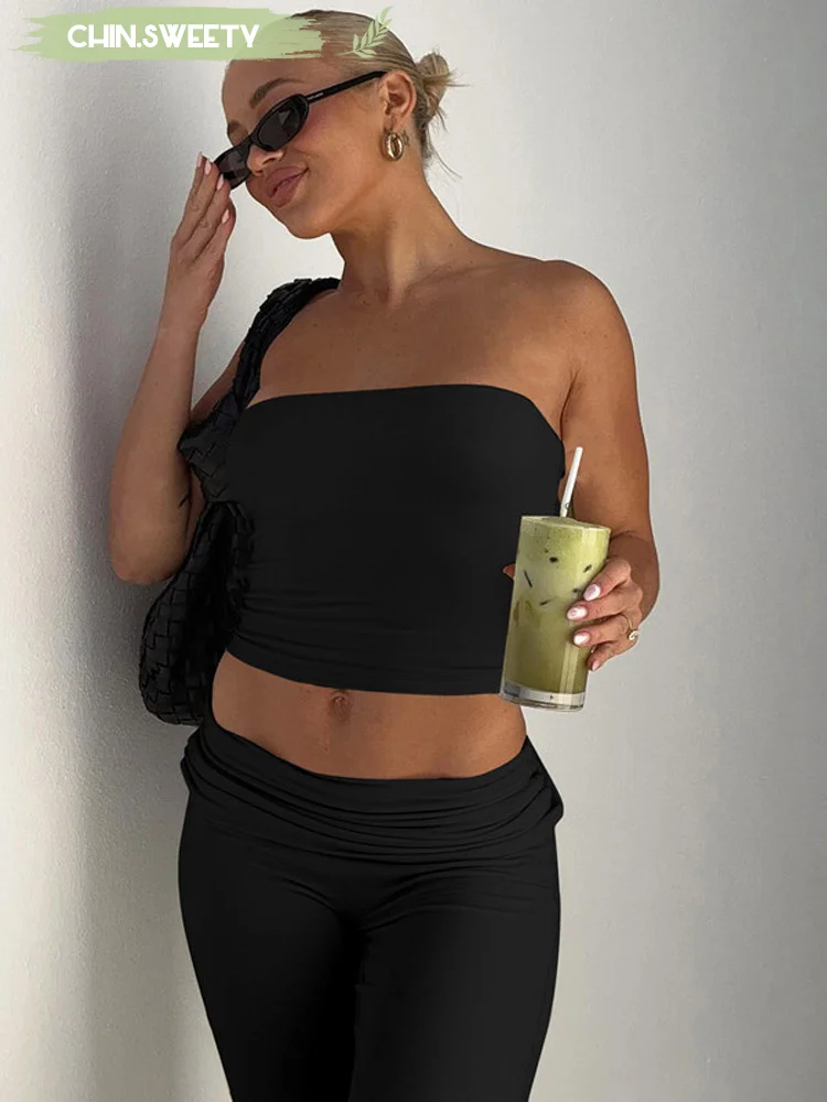 

Solid pleated strapless top pants set women sexy sleeveless waist baring slim fit two piece suit 2025 new summer holiday outfit